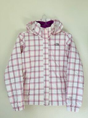 The North Face White Plaid Hooded Jacket with Pink and Gray Windowpane Size S